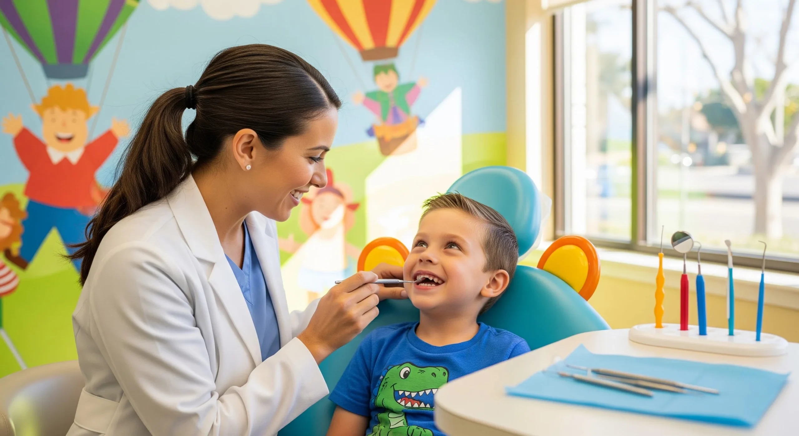 A photo of a pediatric dentist examining a young child’s teeth in a kid-friendly dental office.