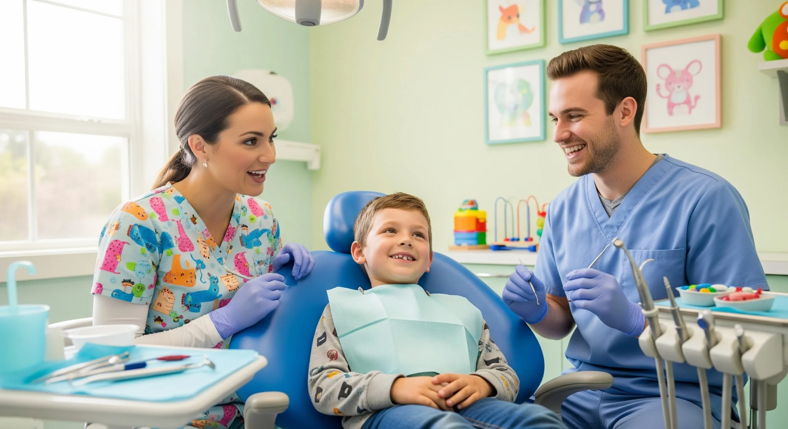 A photo of pediatric dental sedation with a relaxed child sitting in a dental chair as a pediatric dentist and assistant provide gentle care.