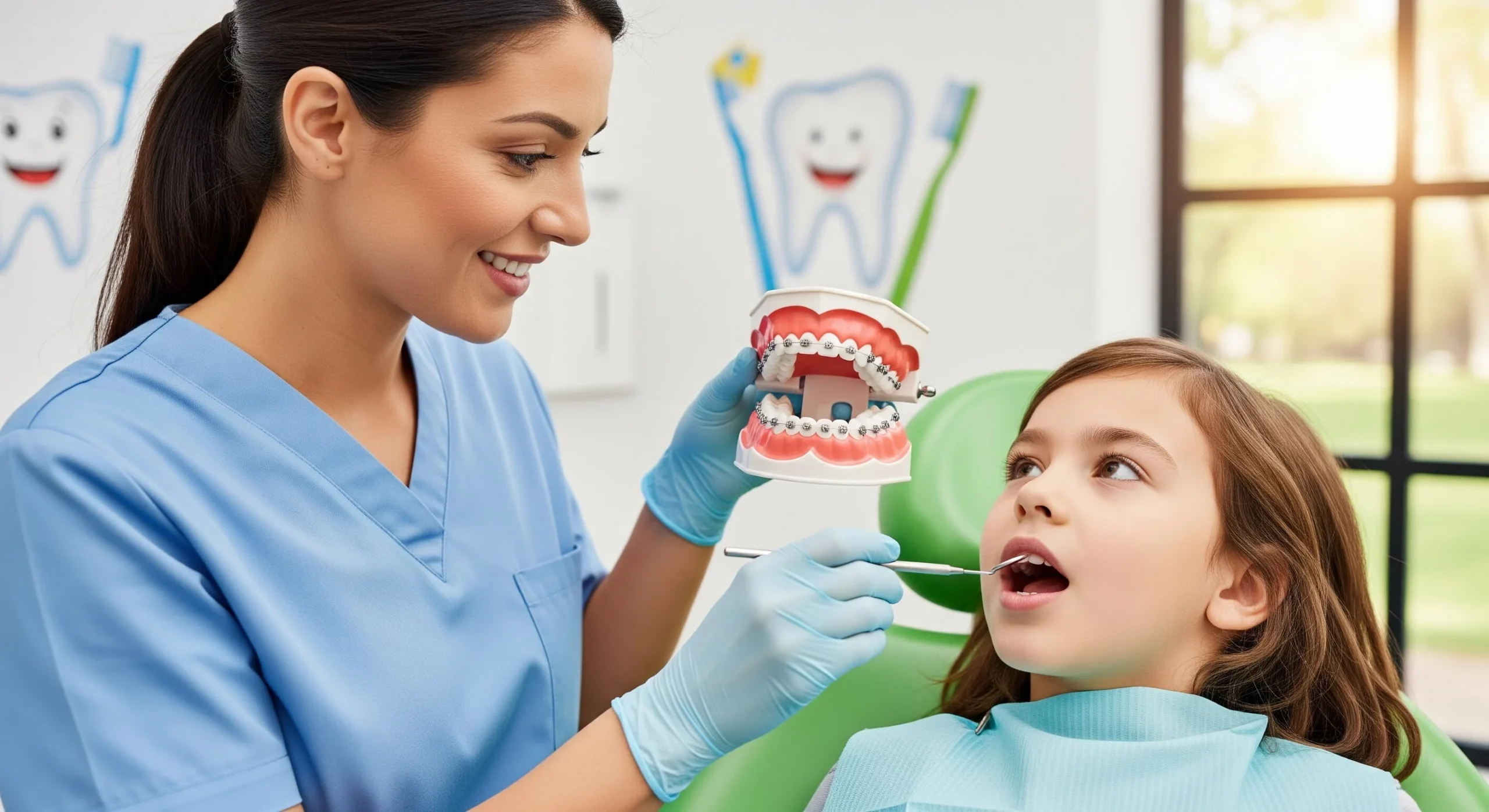 An image of a pediatric dentist explaining braces for kids using a dental model.