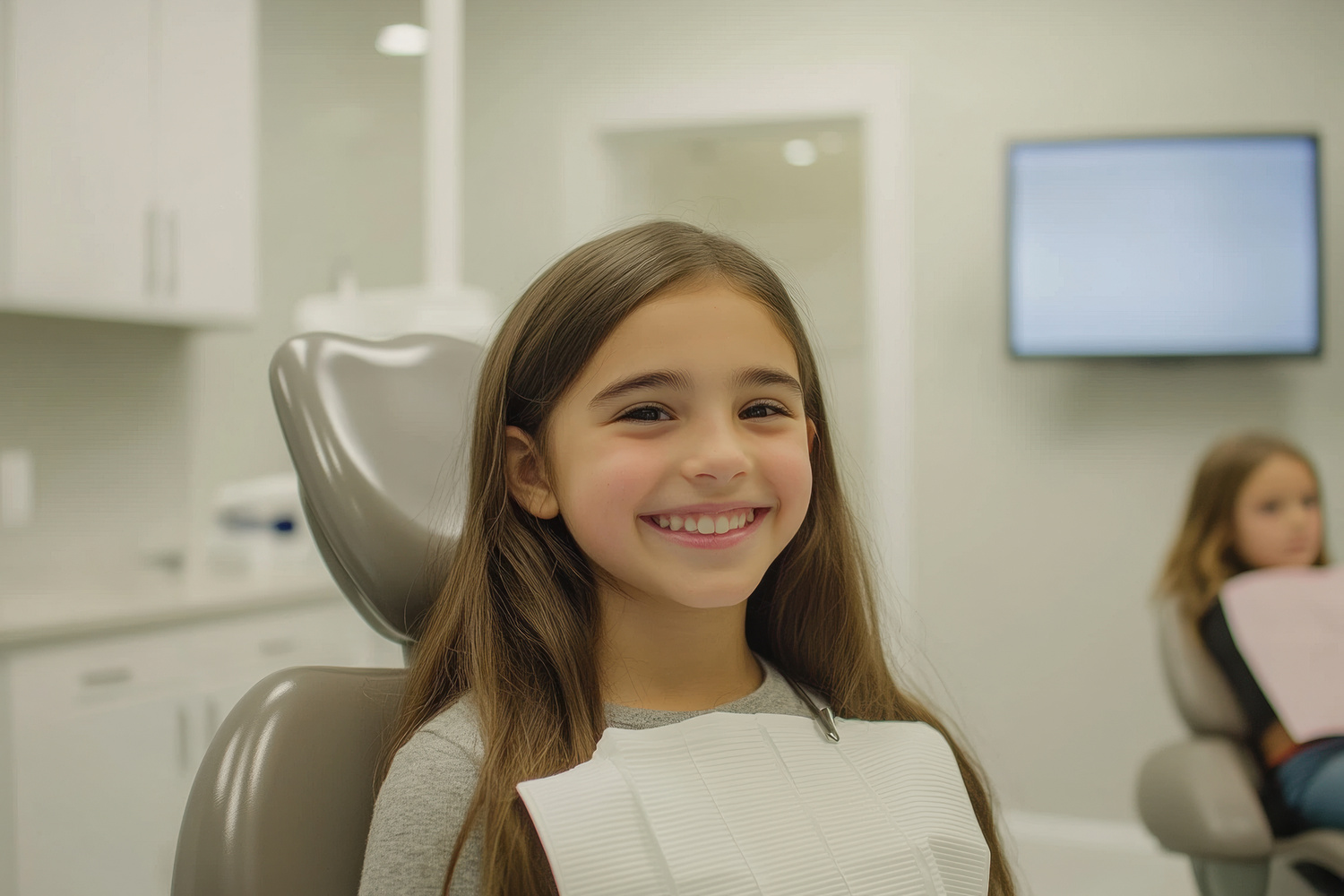 Young Caucasian girl smiling at a dental clinic visit.