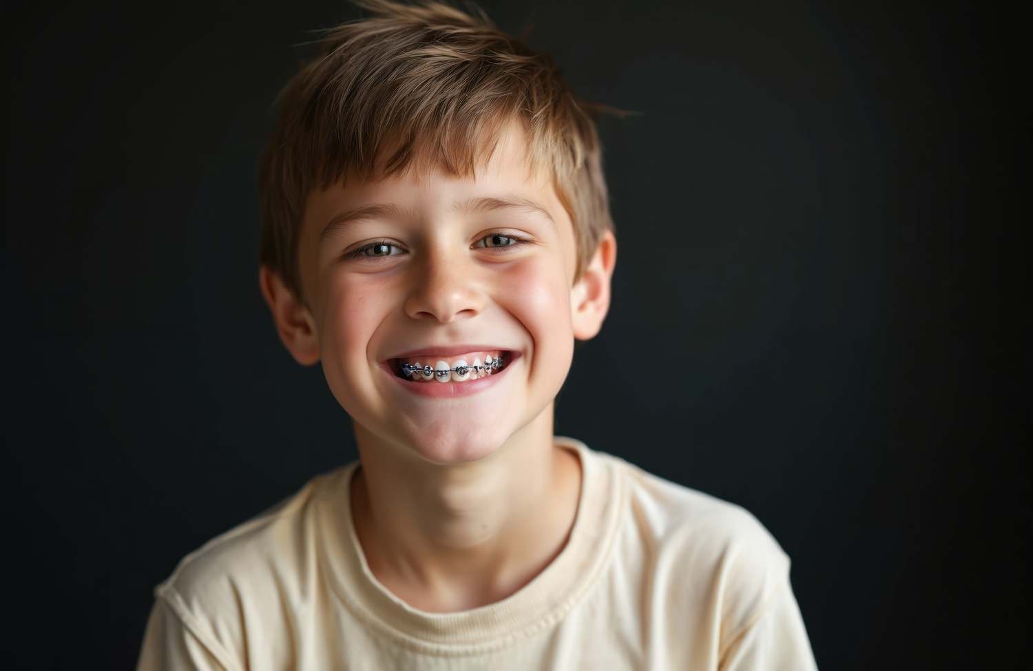 Smiling boy with metal braces on teeth. Happy child shows healthy smile. Orthodontic treatment, dental care. Pediatric dentistry, teenager, orthodontic appliance. Straight teeth good hygiene.