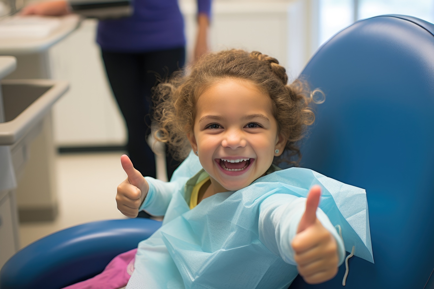 Girl in dental chair giving thumbs up.