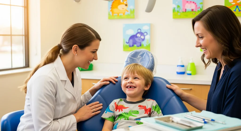 A photo of a happy child laughing in a pediatric dental chair as a dentist and parent provide gentle encouragement.