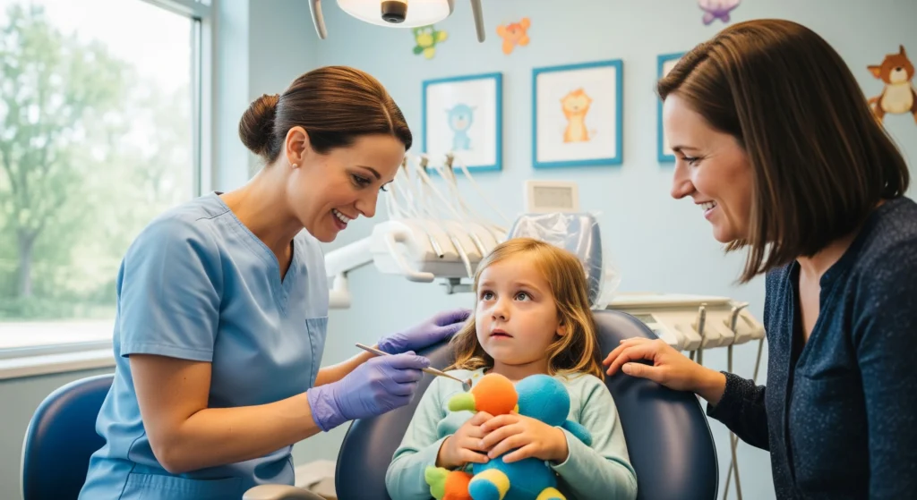 A photo of a pediatric dentist gently examining a child while a parent offers reassurance in a kid-friendly dental office.