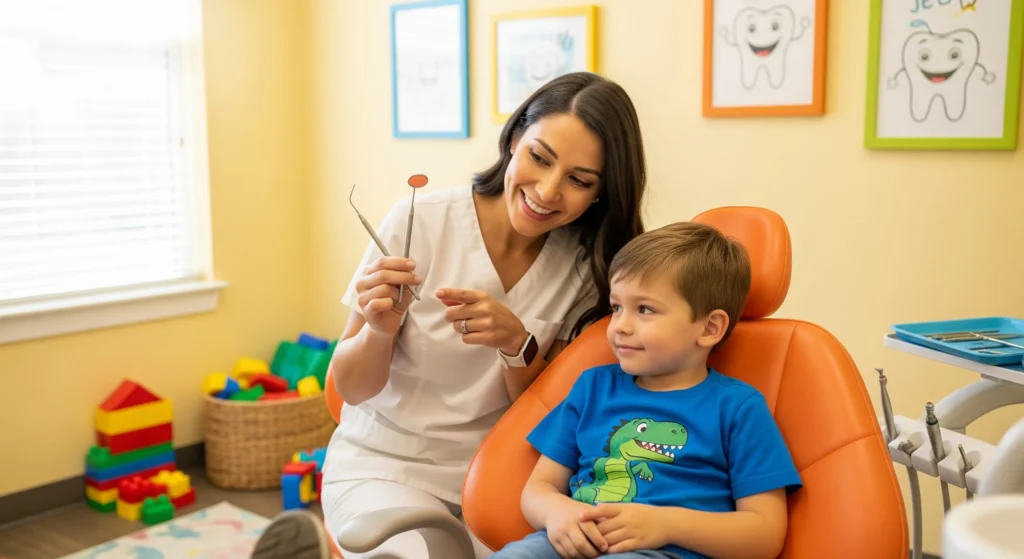 A photo of a pediatric dentist showing dental tools to a young child during a calm first dental visit.