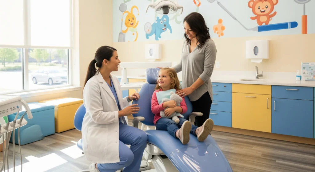 A photo of a pediatric dentist talking calmly with a smiling child in a dental chair, helping ease dental anxiety in children while a parent stands nearby.