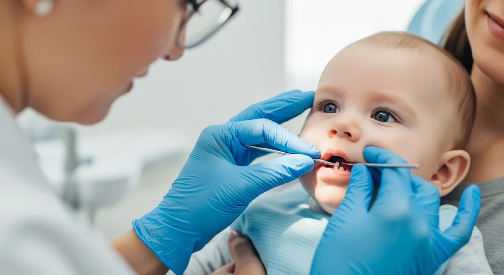 An image of a pediatric dentist gently examining an infant’s mouth during an early dental checkup.