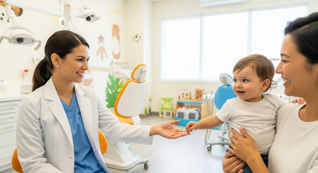 An image of a pediatric dentist greeting a baby and parent in a bright, kid-friendly dental office.