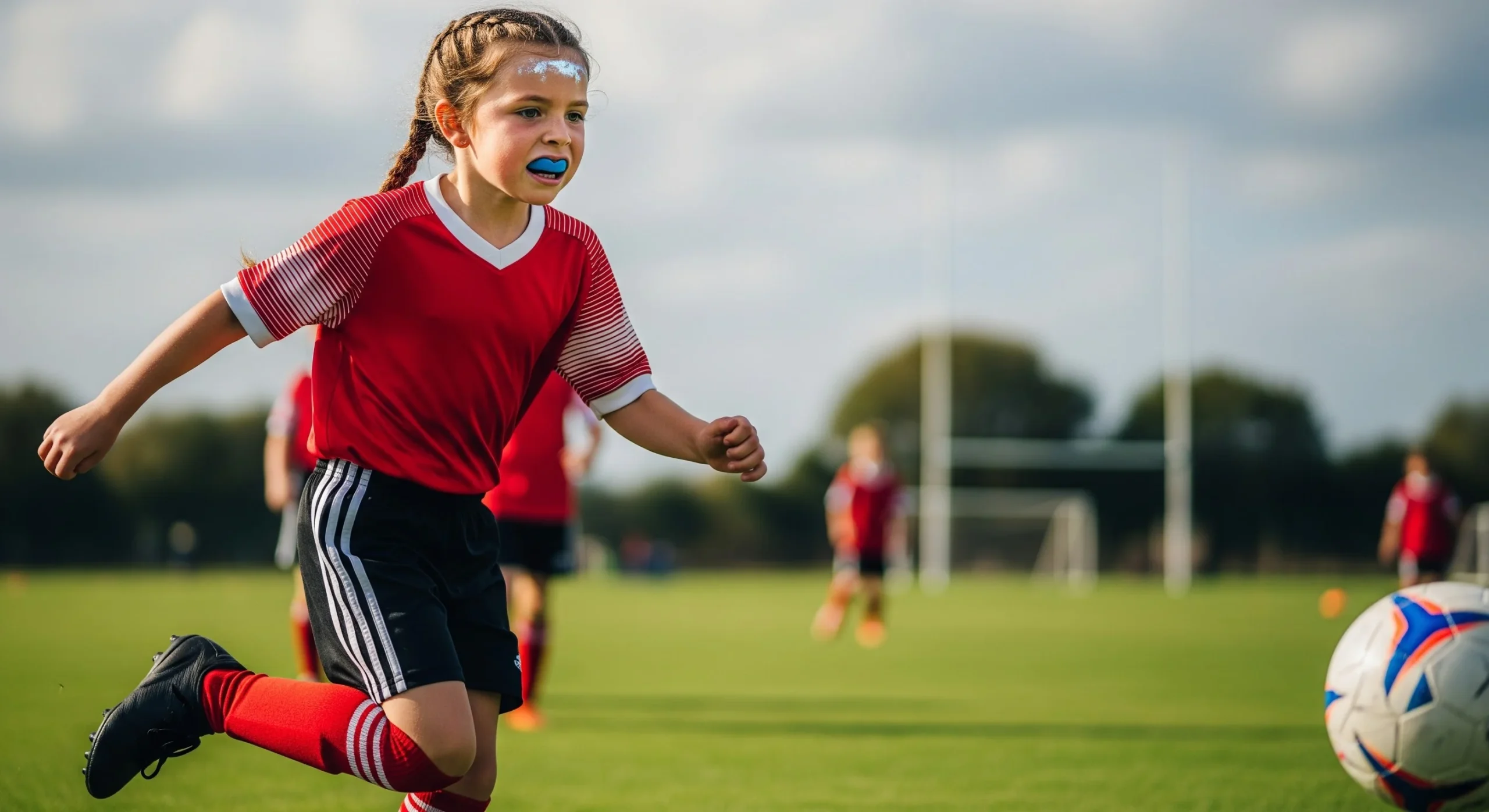 A photo of a child wearing a mouthguard while playing soccer to prevent dental injuries.