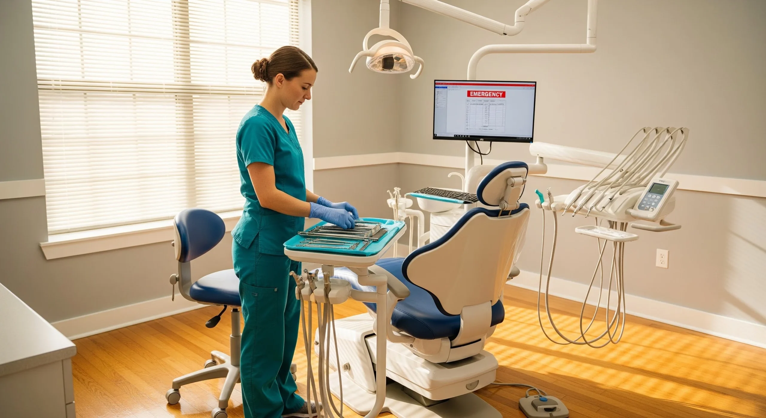 A photo of a pediatric dental exam room prepared for an emergency visit, with a dentist setting up instruments and equipment.