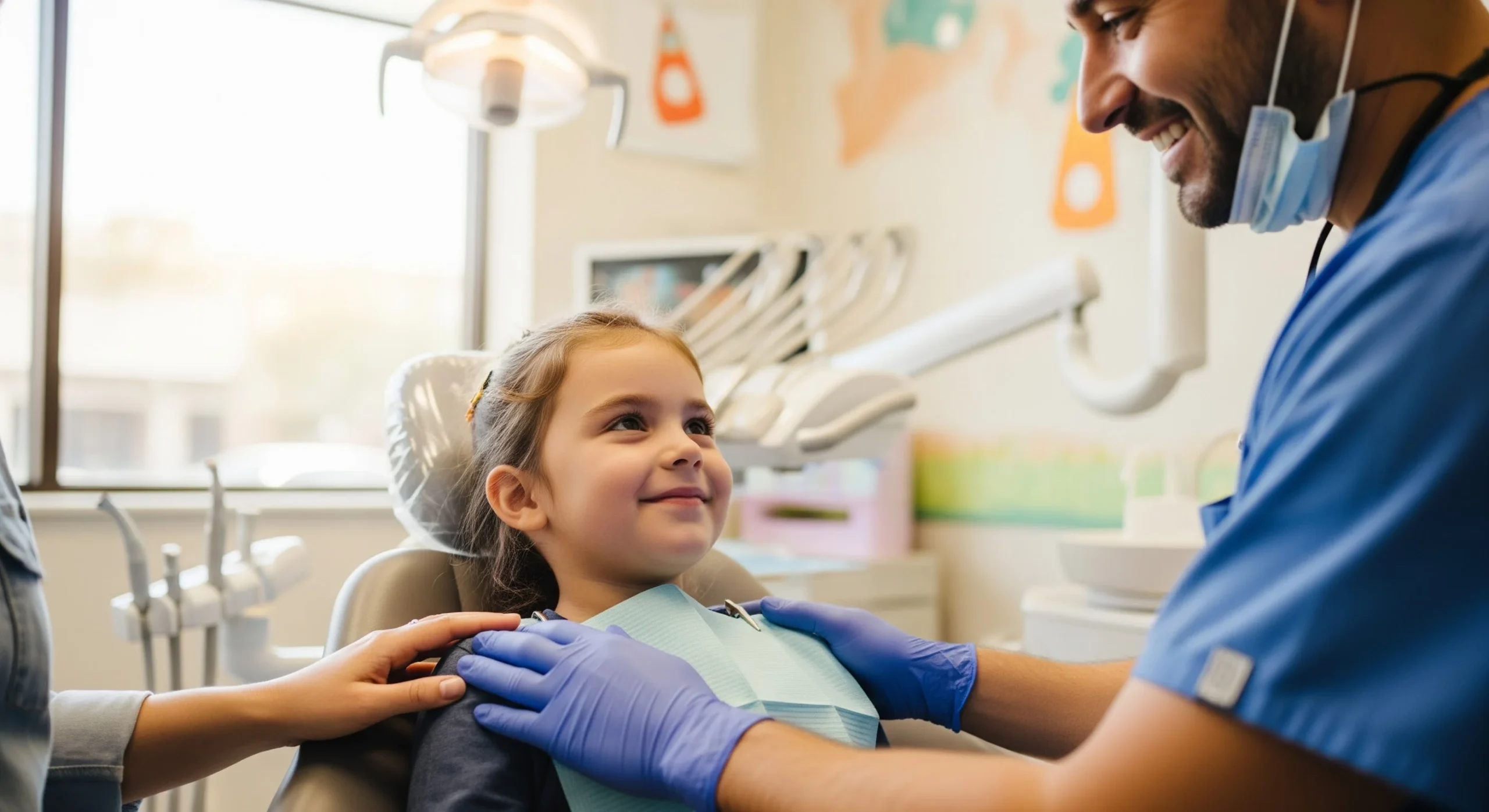 A photo of an emergency pediatric dentist reassuring a child while a parent offers comfort during a dental visit.