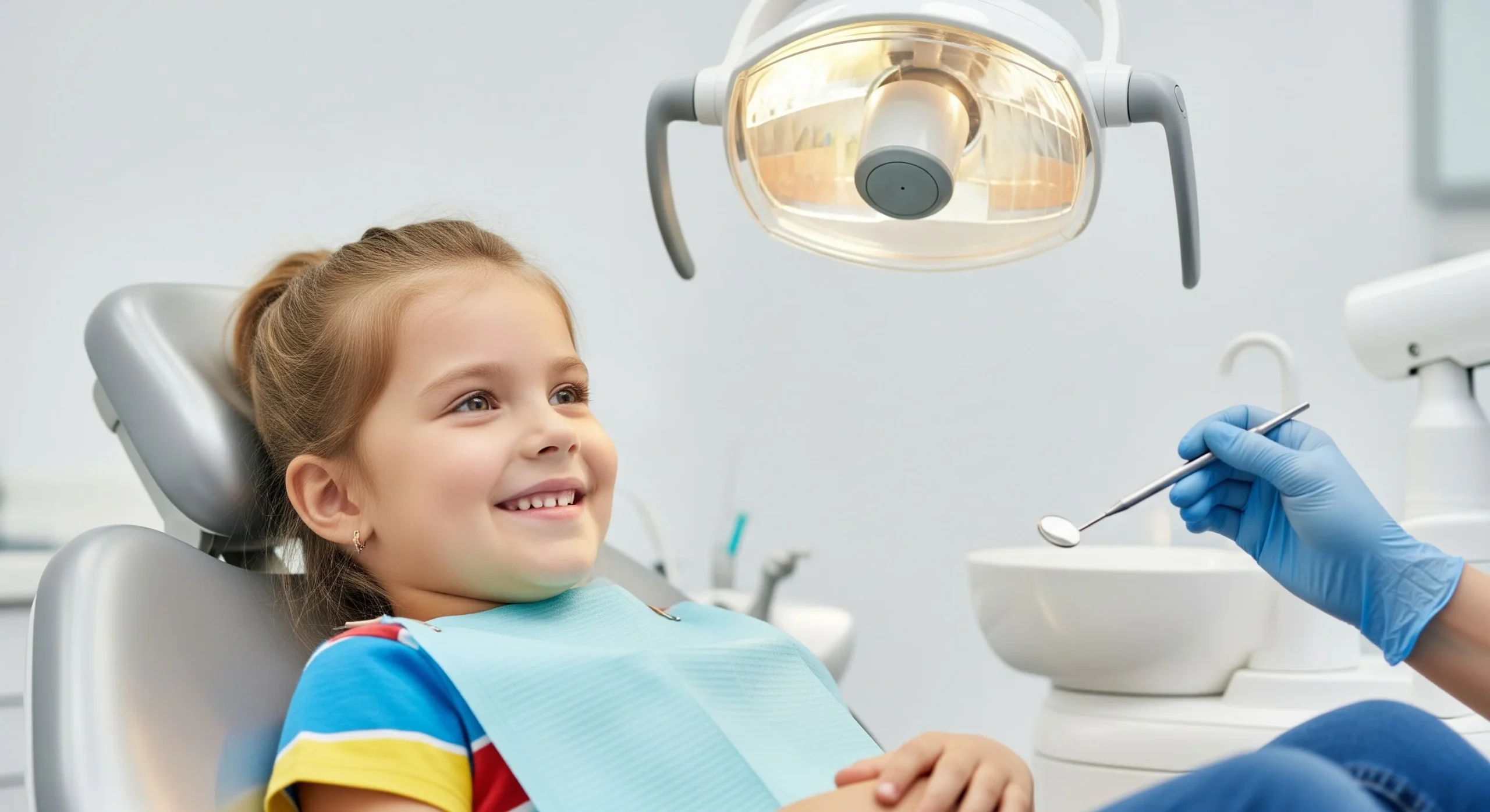 A photo of a relaxed child smiling in a dental chair during a pediatric dental visit.