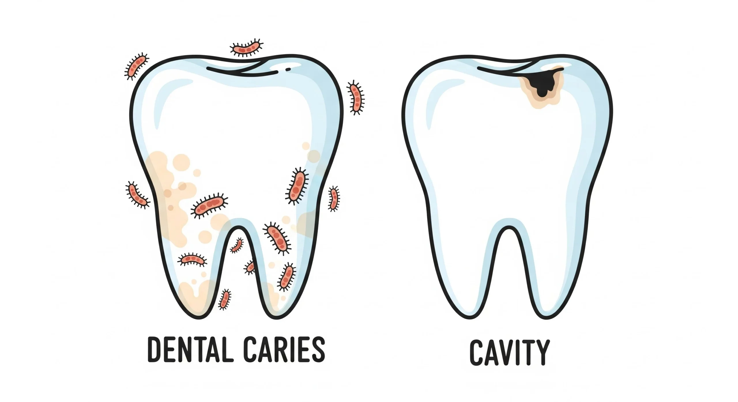 An illustration comparing dental caries vs cavities, showing early tooth decay and visible tooth damage.