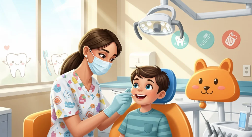 An illustration of a pediatric dentist examining a child during a routine dental checkup.