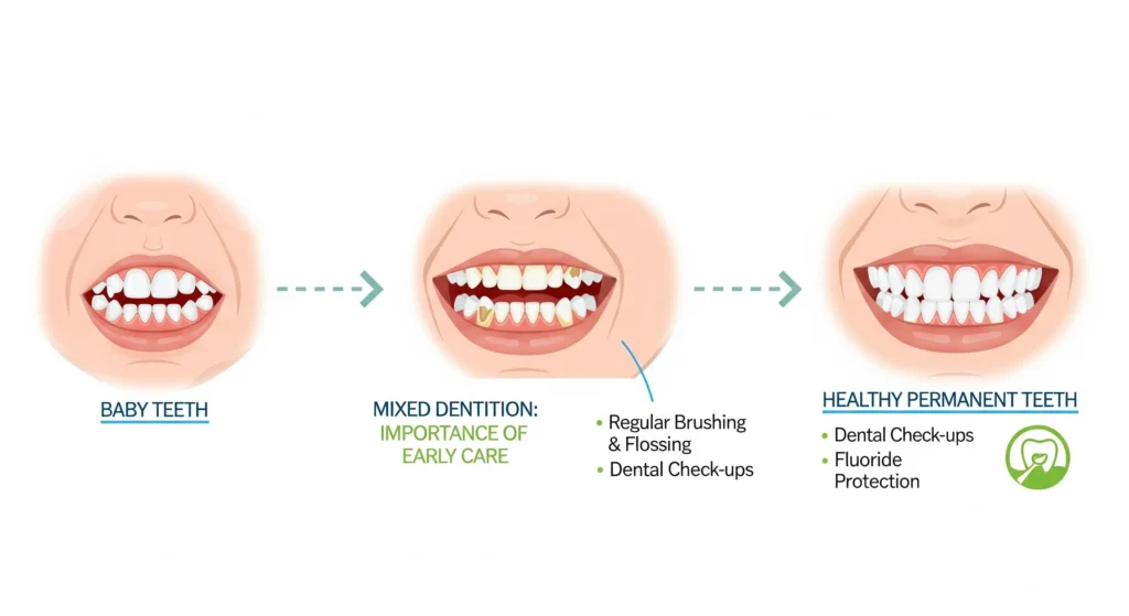 An illustration of baby teeth developing into healthy permanent teeth through early dental care.