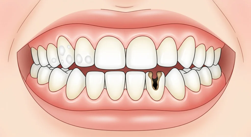 An illustration of dental caries as white spots on teeth and a visible cavity forming on a back tooth.