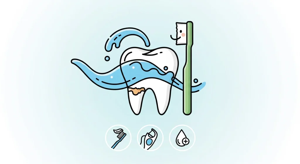An illustration of early dental caries being reversed with brushing, fluoride, and good oral hygiene.