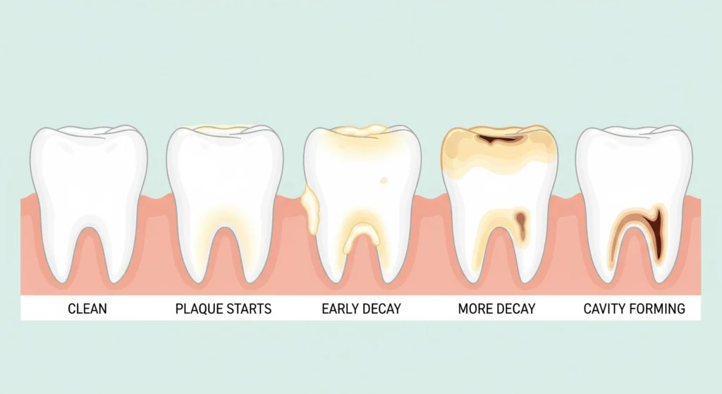 An illustration of how cavities in preschoolers form from plaque buildup to tooth decay.