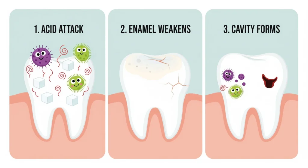 An illustration of tooth decay stages showing acid attack, weakened enamel, and a cavity forming.