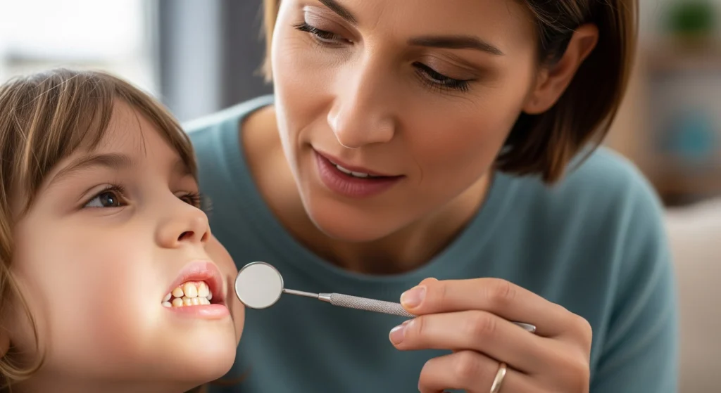 An image of a parent checking a child’s teeth for cavities