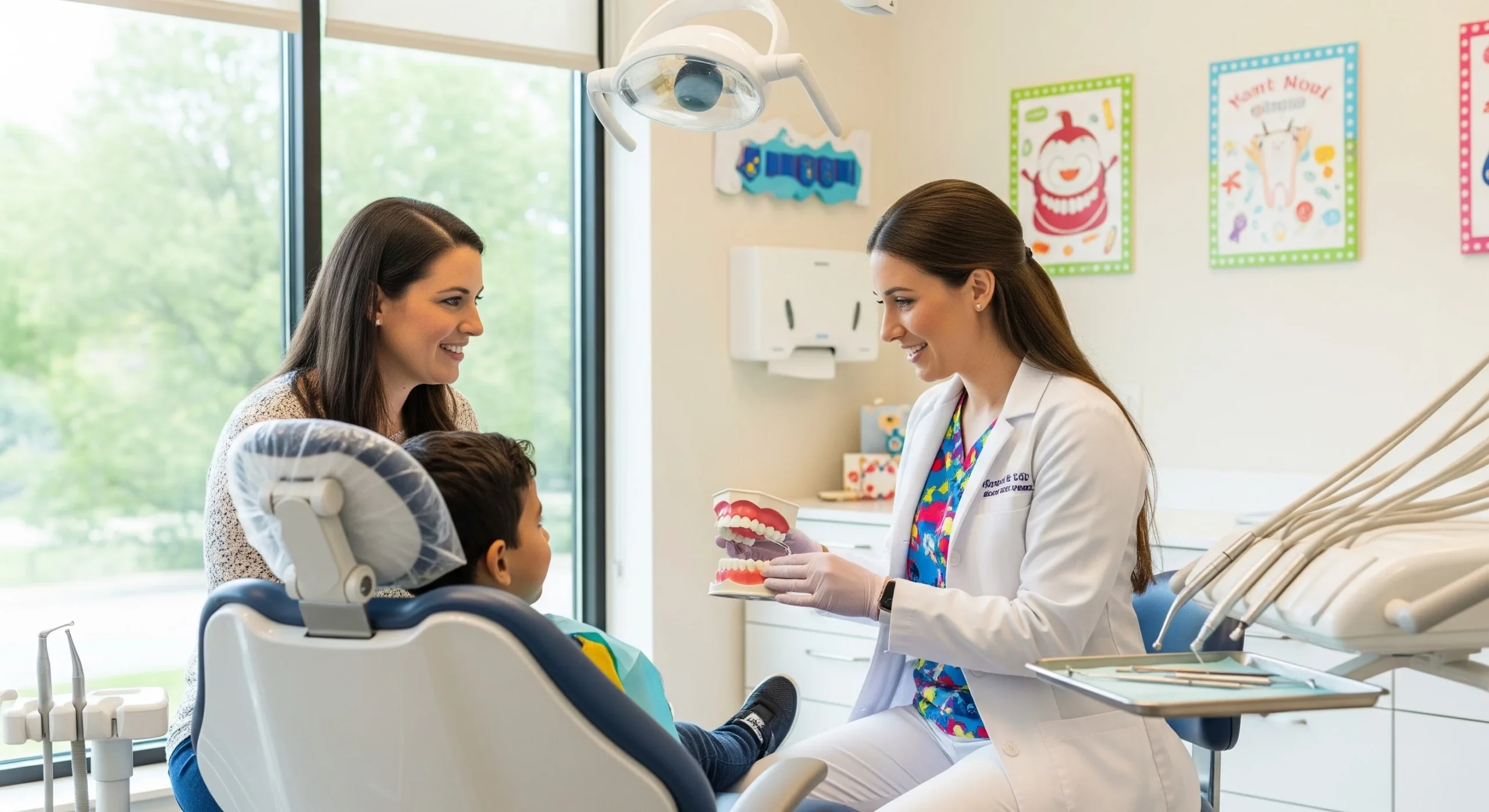 An image of a pediatric dentist discussing oral health during a routine visit.