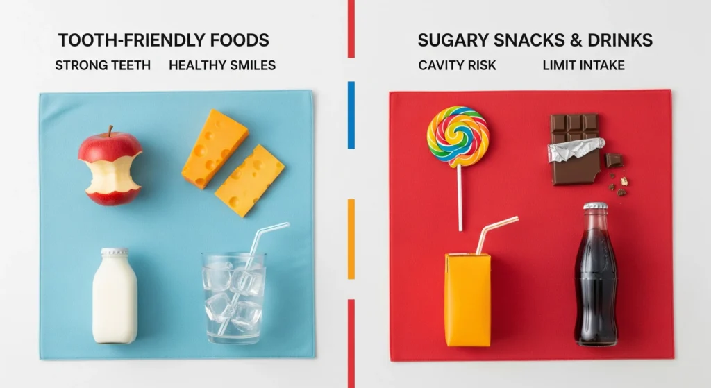 An image of tooth-friendly foods compared to sugary snacks