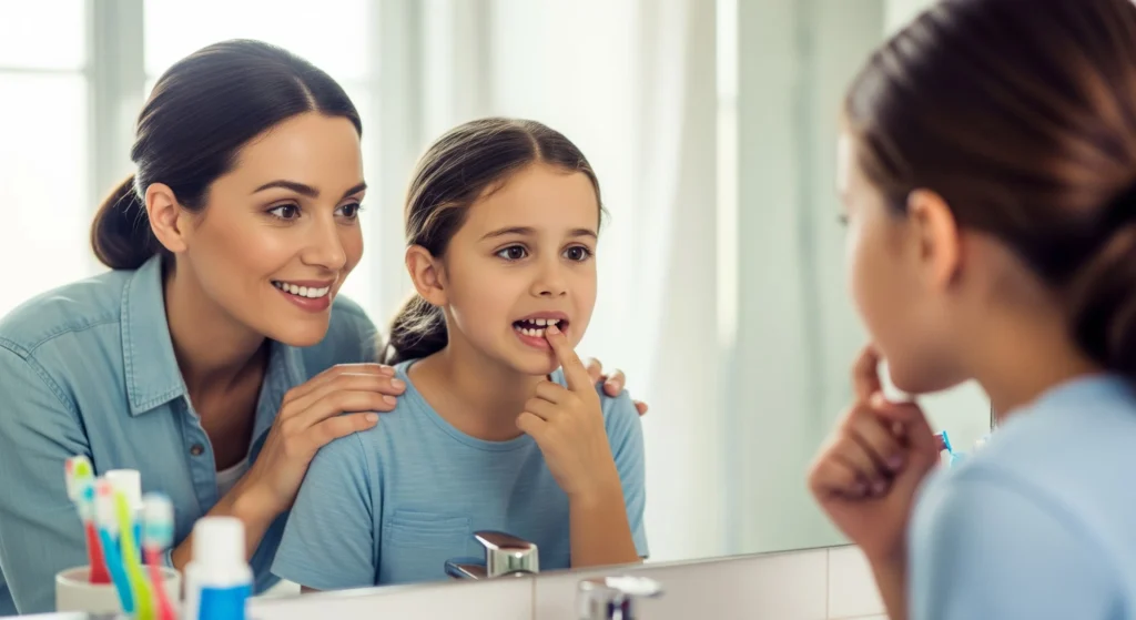 A photo of a parent helping a child gently check a loose baby tooth in the bathroom mirror.