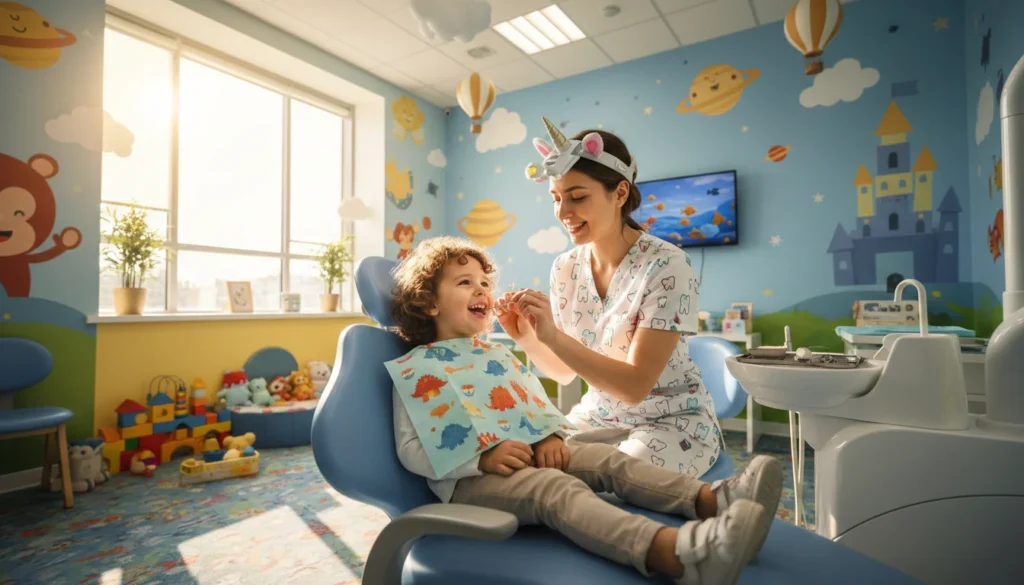 A photo of a pediatric dental professional treating a young child in a colorful dental clinic, supporting early orthodontic care for kids