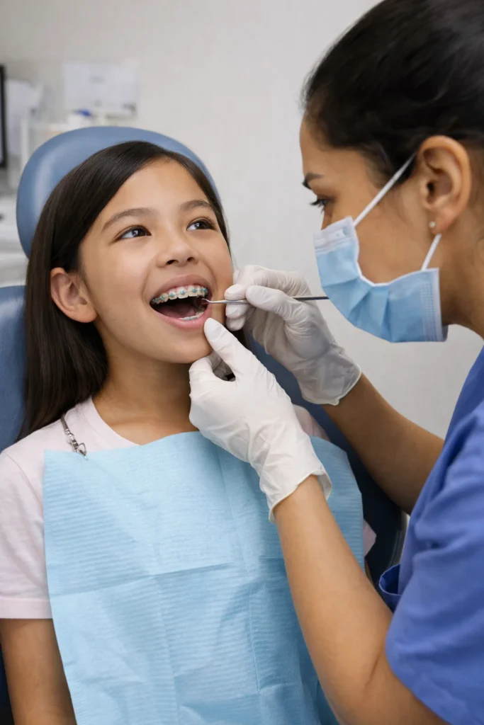 A photo of a pediatric dentist examining a child’s braces.