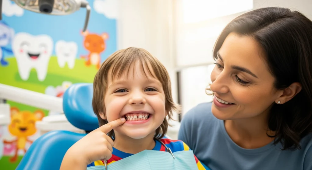 A photo of a pediatric dentist examining a young child’s smile while explaining when baby teeth fall out in a kid-friendly dental office.