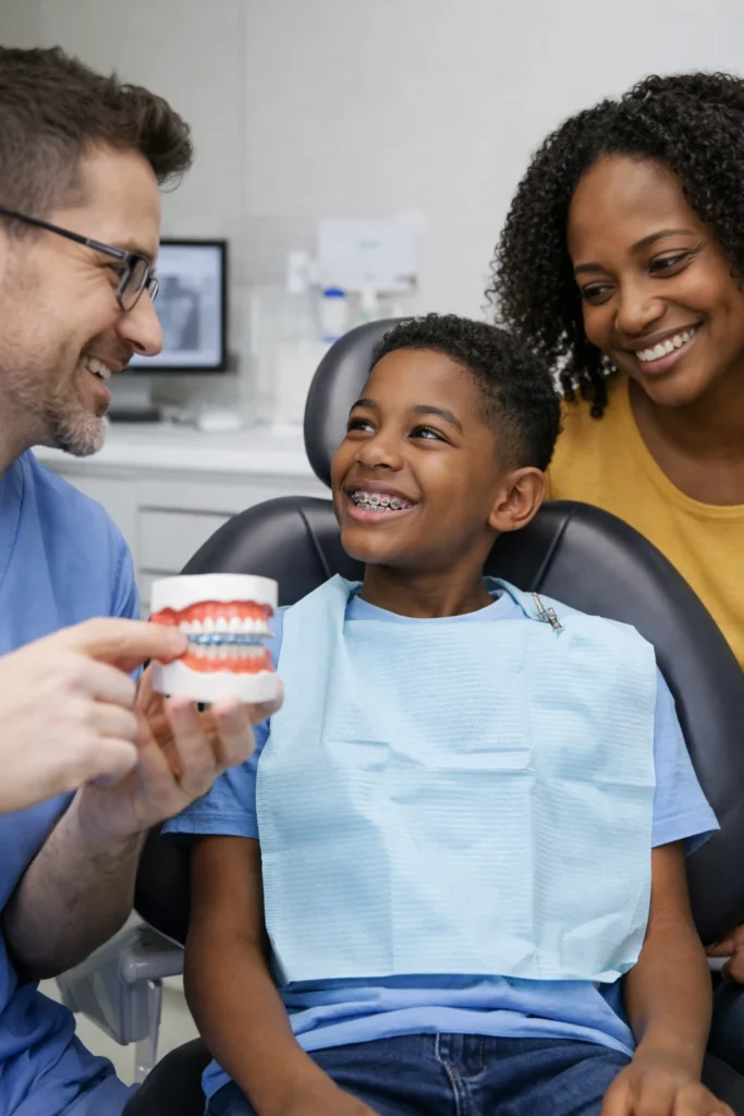 A photo of a pediatric dentist explaining braces care to a child and parent.