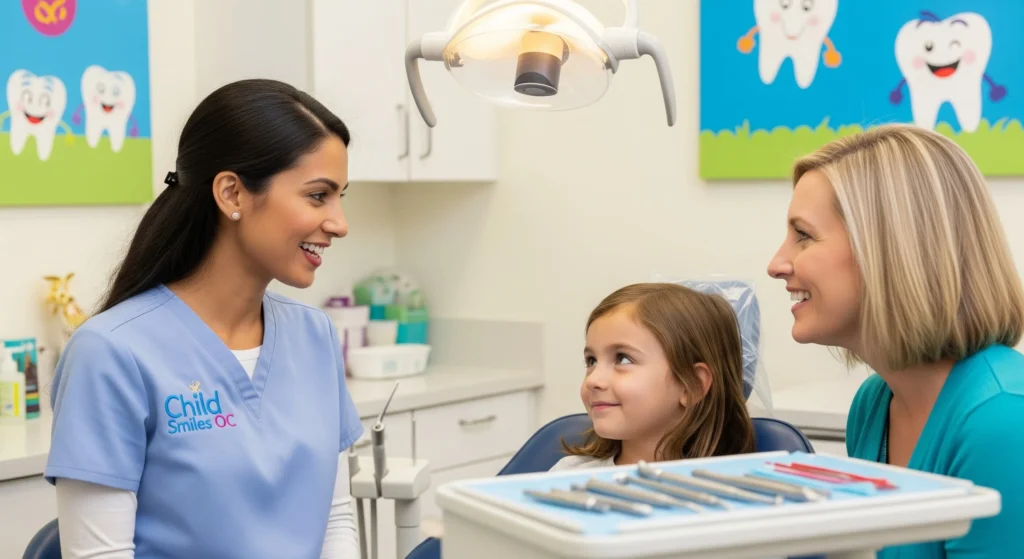 A photo of a pediatric dentist talking with a child and parent during a routine dental visit.