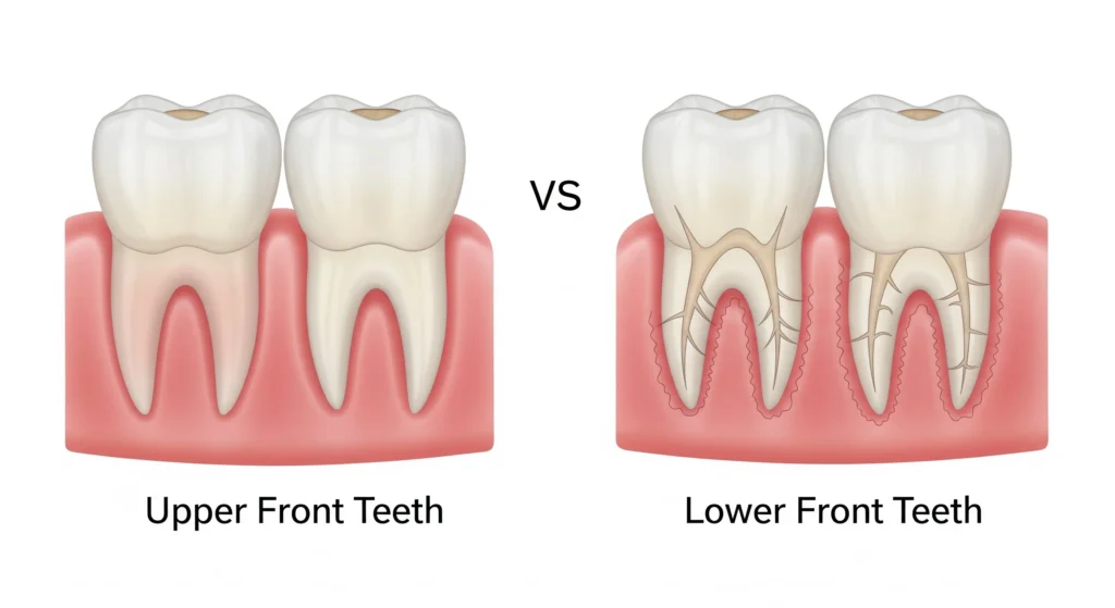 An illustration of upper front teeth compared to lower front teeth, showing how the baby teeth fall out first.