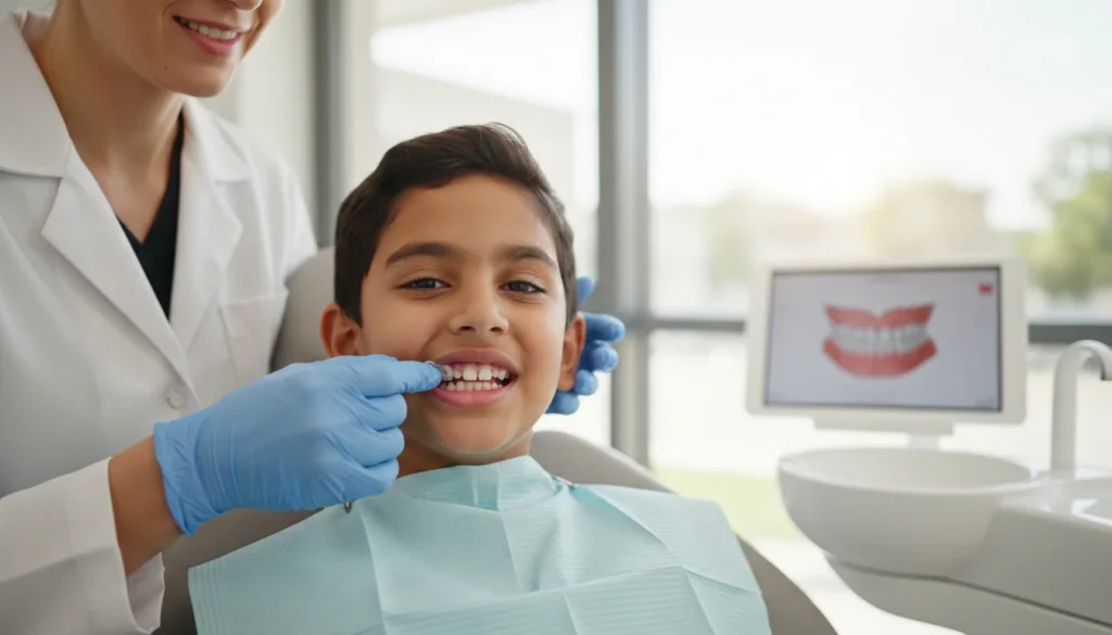An image of a child at a dental appointment with a dentist examining their teeth and a digital smile preview on a screen