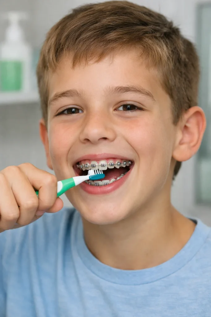 An image of a child brushing teeth with braces using a manual toothbrush.