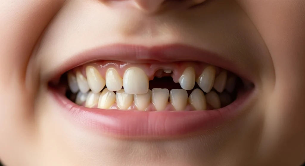 An image of a child’s mouth with a missing front baby tooth as permanent teeth begin to emerge.