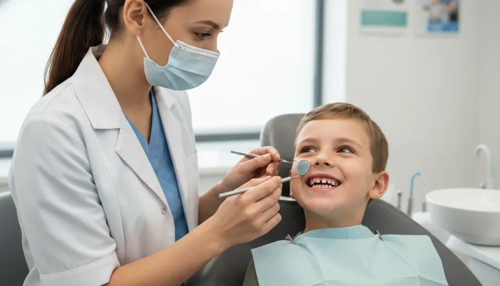 An image of a pediatric dentist examining a child’s teeth using dental tools during a routine checkup