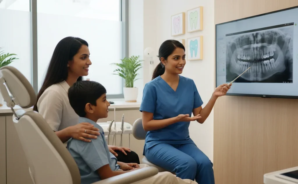 An image of a pediatric dentist explaining a dental X-ray to a parent and child, highlighting an orthodontic evaluation for kids