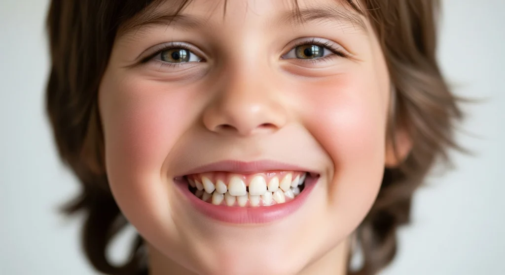 An image of a smiling child showing healthy baby teeth during early tooth development.