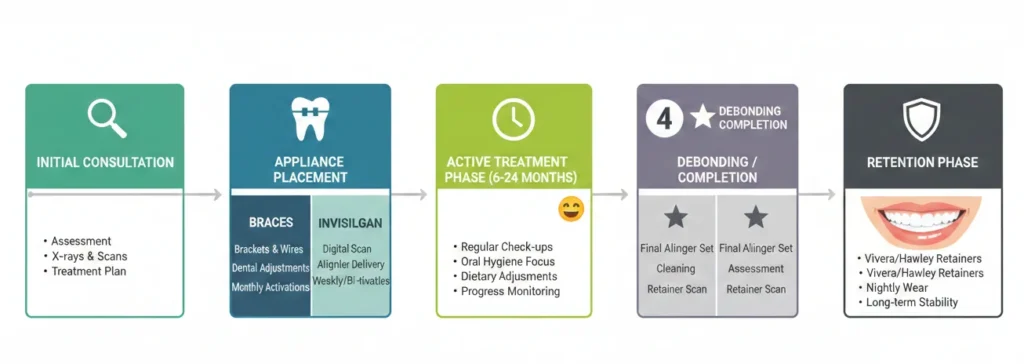 An image of a step-by-step orthodontic treatment process chart showing consultation, braces or Invisalign placement, active treatment, completion, and retention phase