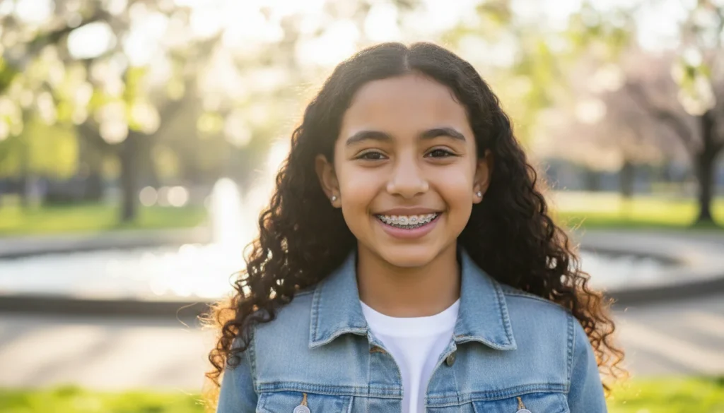 An image of a young girl smiling confidently with braces, showing the positive results of orthodontic treatment for kids