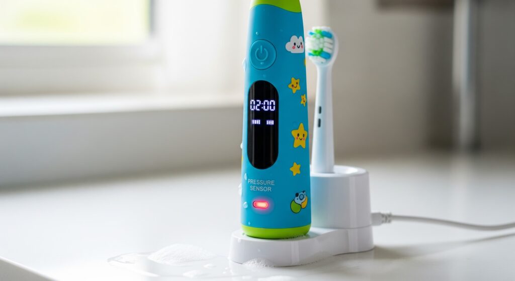 An image of a kids electric toothbrush with a built-in timer and pressure sensor.