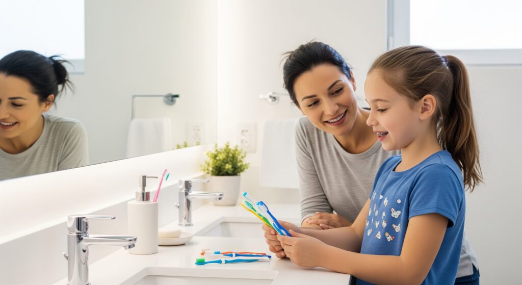 An image of a parent helping a child choose the best toothbrush for kids with braces.